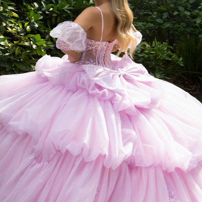 Pink Shiny Quinceanera Dresses Ball Gown Spaghetti Strap Applique Bow Beads Tull Corset Sweet 16 Dress Vestidos 15 De Anos
