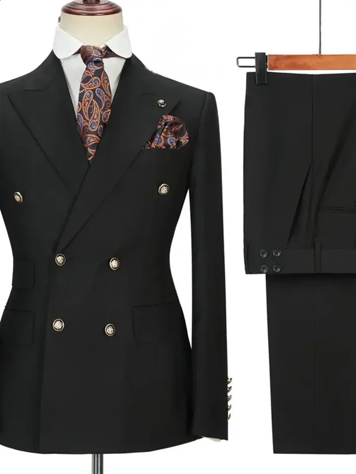 2 Piece Fashion Black Men Suits Set High Quality Formal Double Breasted Lapel Suit Slim Fit Smart Wedding Casual Tuxedo 250224