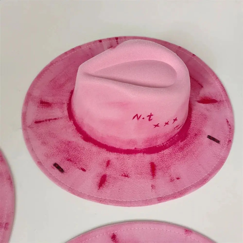 Pink painted hat retro suede fedora hat men and women fedora hat style party hat outdoor fashion travel hat DIY hat 250228
