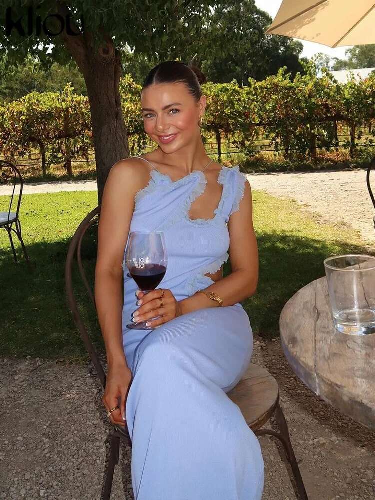 Kliou Ruched Trim Women Maxi Dress Solid Elegant Trend Asymmetrical Suspendency Sheath Concise Robe Female Banquet Party Vestido