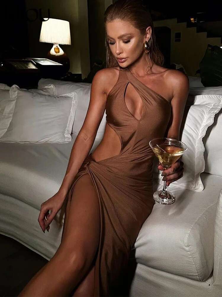 Kliou Hollow Women Dresses Sexy Shirring Chic Cut Shape Ince Shoulder Solid Side Split Bodycon Midnight Party Clubwear Robe