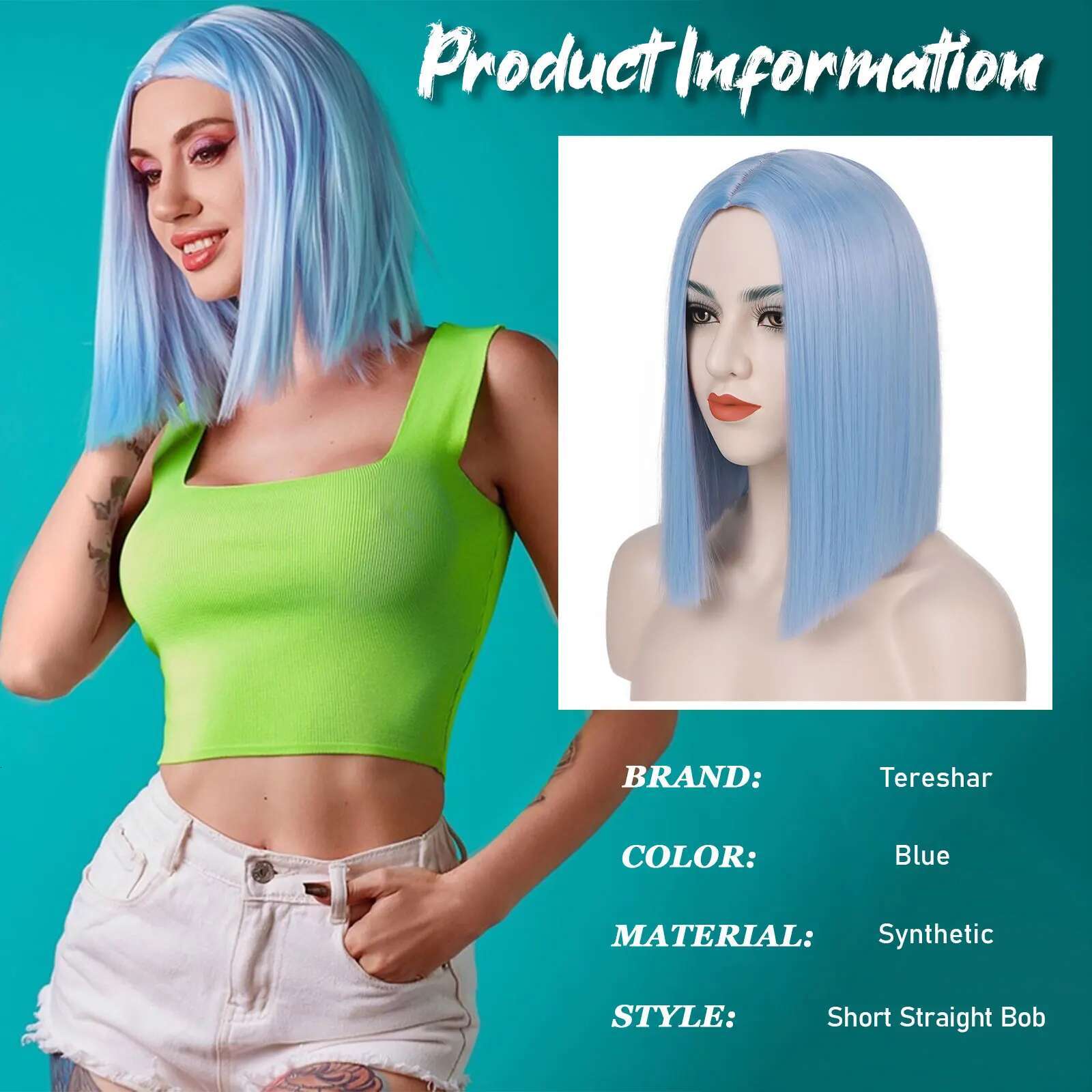 Light Synthetic Short Bob Straight Blue Women Shoulder Length Wigs Colorful Wig For Daily Use Party Cosplay