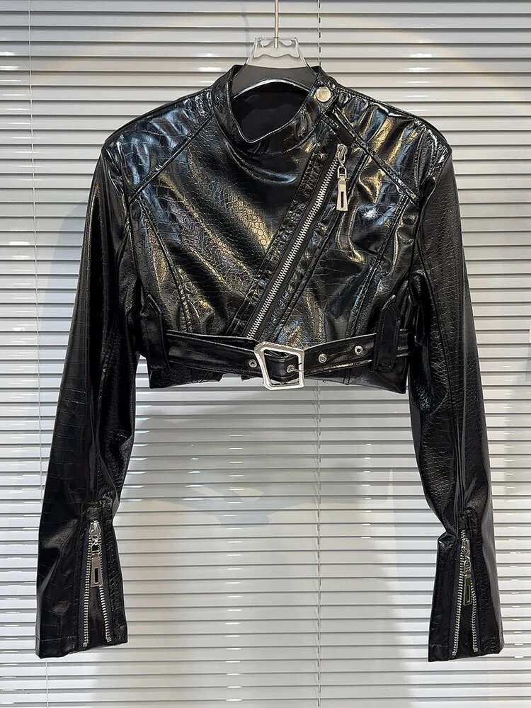 DEAT Fashion Women Strand Collar Zipper Belt Leather Jakcet Metal Circle High Waist Patchwork Skirts Female 2025 Spring 11Xx8961