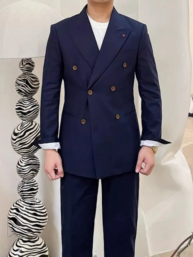 Spring and summer business mens work linen suit ultra-thin fit double corset jacket pants two-piece set wedding dress set 250224
