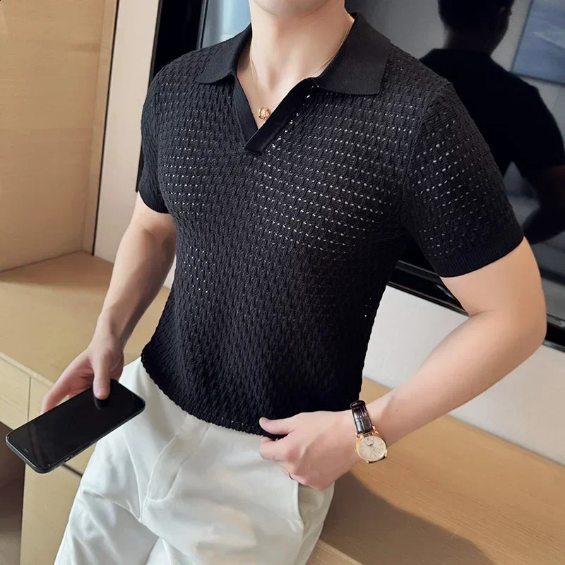 Mens Polo Shirt Summer Light and Thin Knitted Hollow Solid Color Casual Short Sleeved V-neck T-shirt Mens Clothing 250228