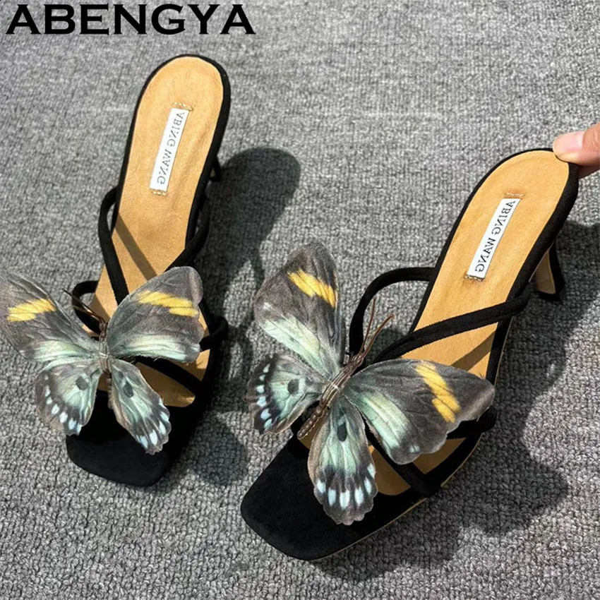 Multicolor Beautiful Butterfly Flip Flops Mules Slippers Women Square Open Toe Thin High Heels Flower Sandals Woman Summer 250228