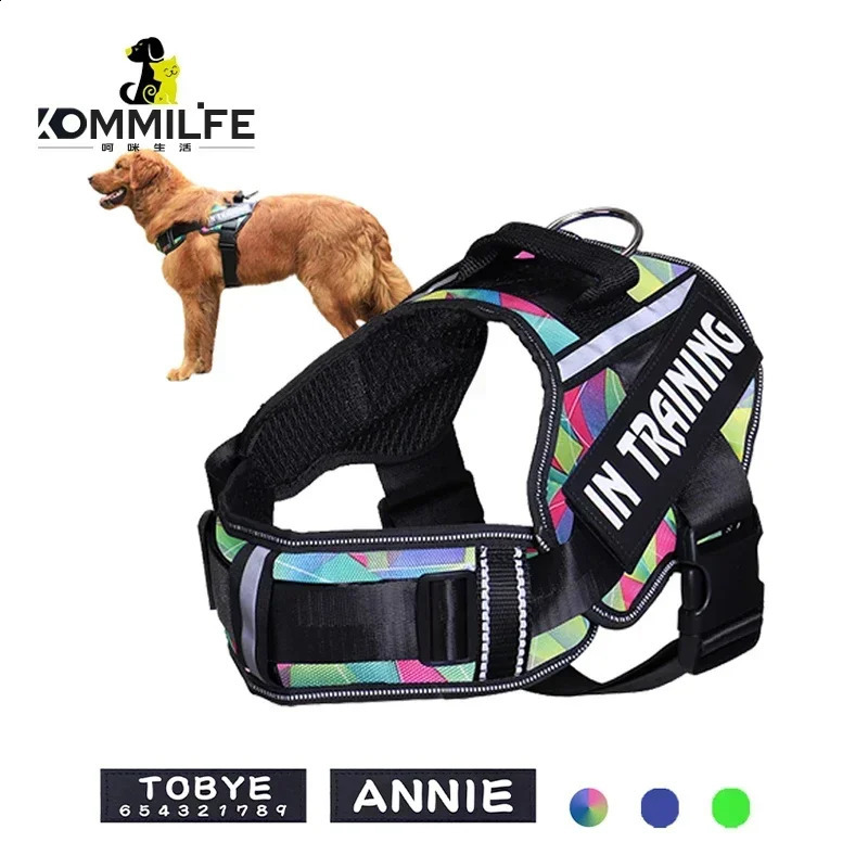 KOMMILIFE Adjustable Nylon Dog Harness Personalized Harness For Dogs Reflective Breathable Neck Guard Dog Harness Vest No Pull 250224