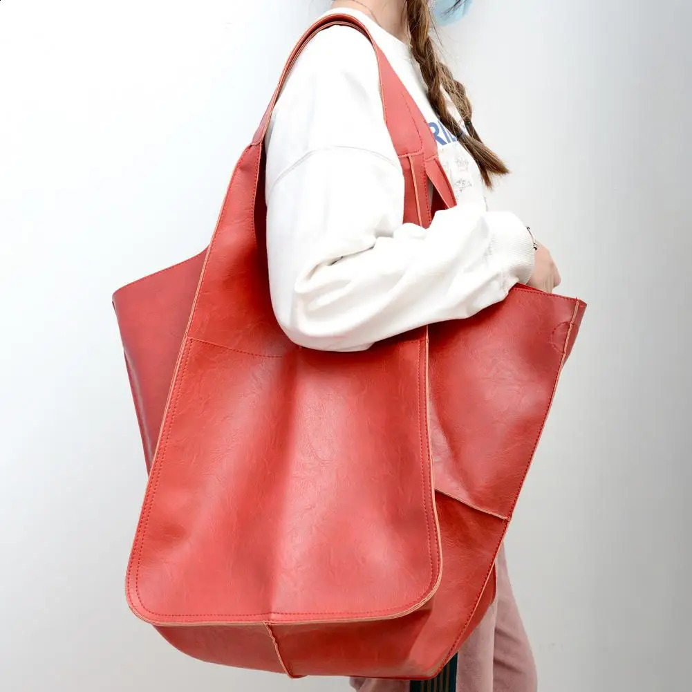 Oversized Tote Bag Solid Color Large Capacity Shoulder Bag Leather Vintage Foldable Tote Vacation Handbag 250305