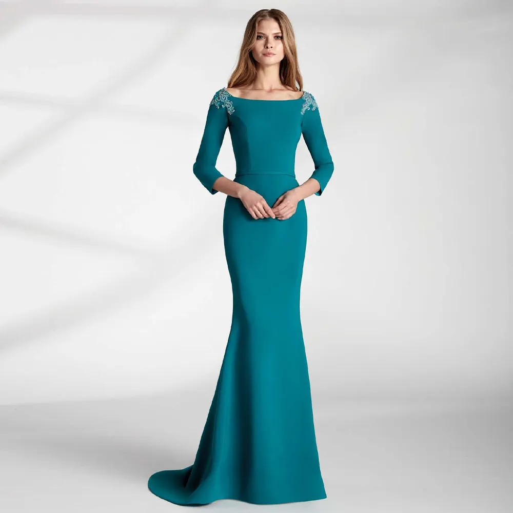 Elegant Hunter Mermaid Mother Of The Bride Dresses 3/4 Long Sleeves Simple Satin Wedding Party Gowns Lace Appliques Sweep Train Formal Evening Dress