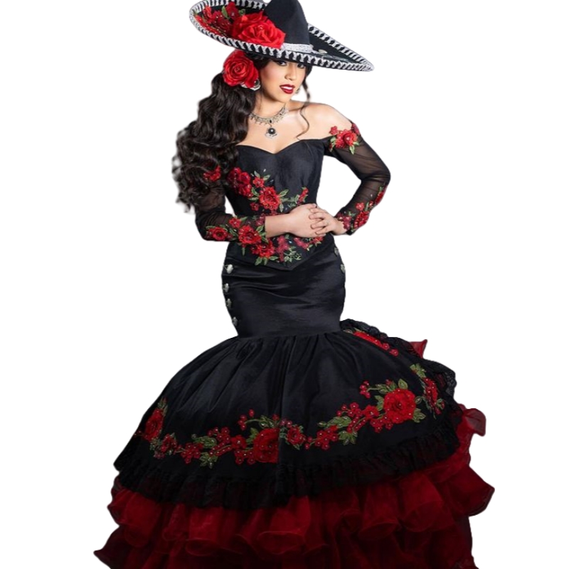 2025 Classic Black Mermaid Prom Dresses With Red Flowers Embroidery Off Shoulder Long Sleeves Evening Gowns Pleats Tiered Mexican Special Occasion Dre