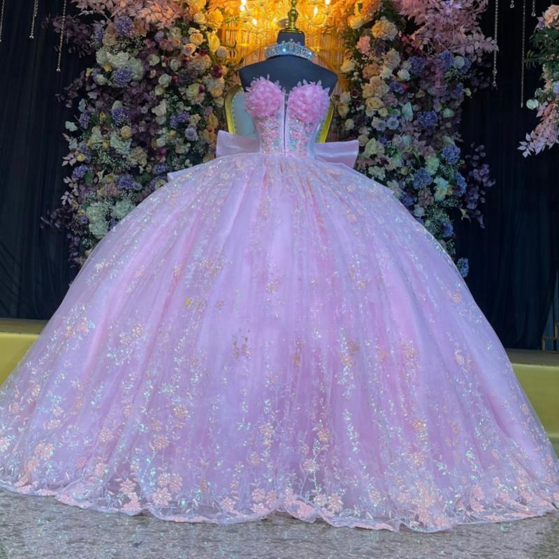 Pink Shiny Quinceanera Dresses Ball Gown Off The Shoulder Sequin Applique Lace Bow Beads Tull Party Birthday Sweet 16 Vestidos 15 De Anos