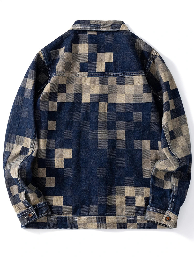 Vintage Loose Denim Jacket with Grid Pattern - High-End American Casual Jean Coat for Men 250228
