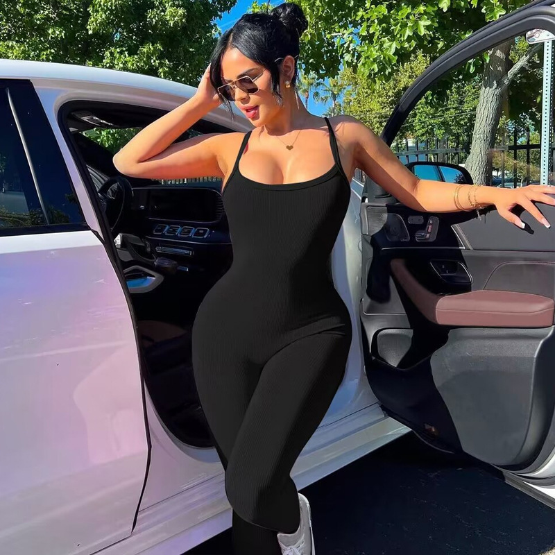 Feng Women's New4 Summer New Product Fashionable And Sexy Backless Fit Solid Color Slim Strap Jumpsuit