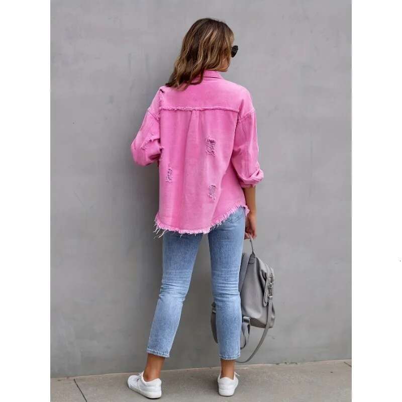 2024 New Broken Holes Solid Color Denim Jacket Ladies Comfortable Casual Loose Button Cardigan Coat Streetwear Women's Outerwear