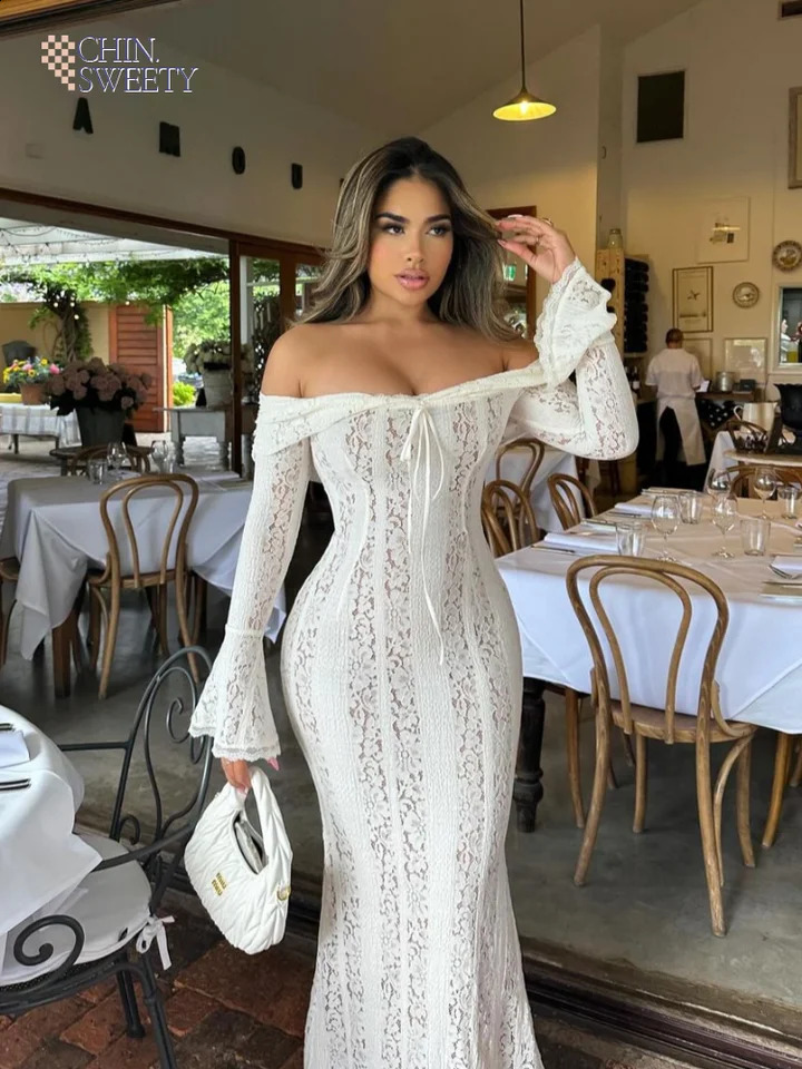 Elegant Women White Lace Hollow Out Printed Flower Long Dress Fashion Long Sleeve Slim Midi Dress Chic Lady Party Club Gown 250226