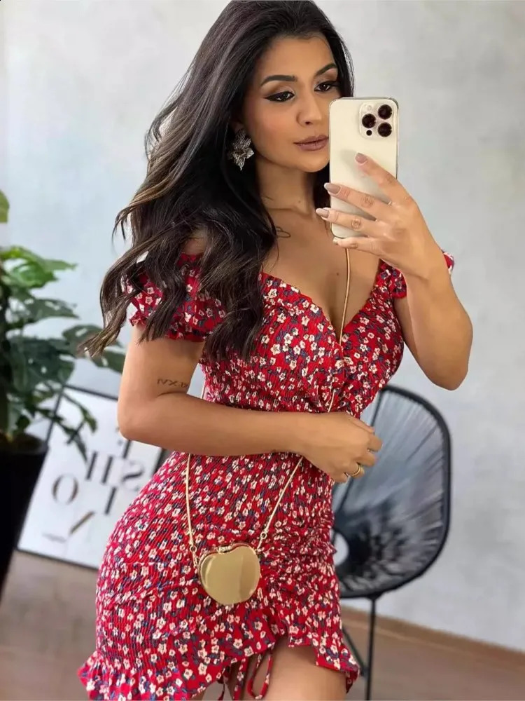 2024 Summer Slim Mini Floral Dres Sexy Vneck Backless Ruffles One Shoulder Dresses Female Fashion Commuting Clothing 250227