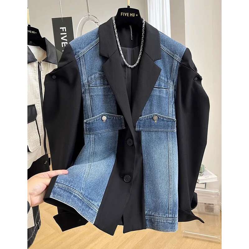 2024 New Fashion Spring Autumn Denim Splicing Blazer Women's Korean Long Sleeve Casual Elegant Ladies Suit Female Outerwear Tops
