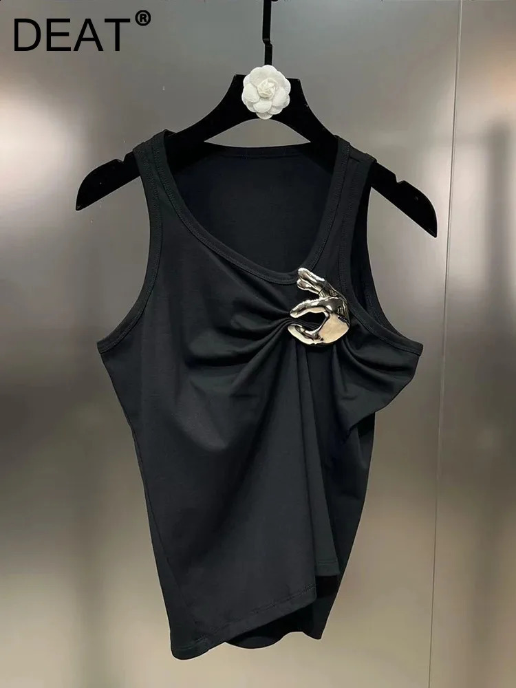 DEAT Trendy Fashion Womens Solid Color Wrinkled Camisole 2025 Spring Items Round Neck Sleeveless Tank Top Female 11XX7428250222