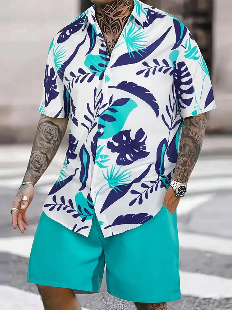 Hawaiian Mens Short-sleeved Shirt And Beach Shorts Set Summer Casual Mens Shirt Beach Vacation Loose Breathable Mens Shorts 250225
