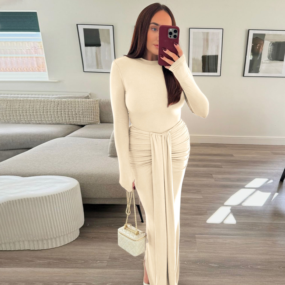 Fashionable Personalized Mid Waist Lace Up Slimming Long Sleeved Dress For Women's Fashion New4 Autumn And Winter New Products