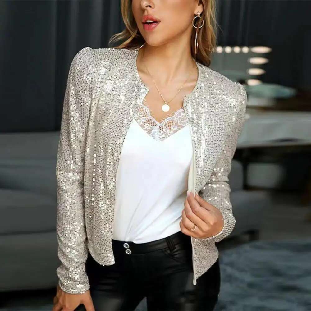 Chic Sequin Women Jackets Fashion Sparkly Glitter Office Lady Short Blazer Coat Slim Fit Open Front Cardigan Winter Jacket Women