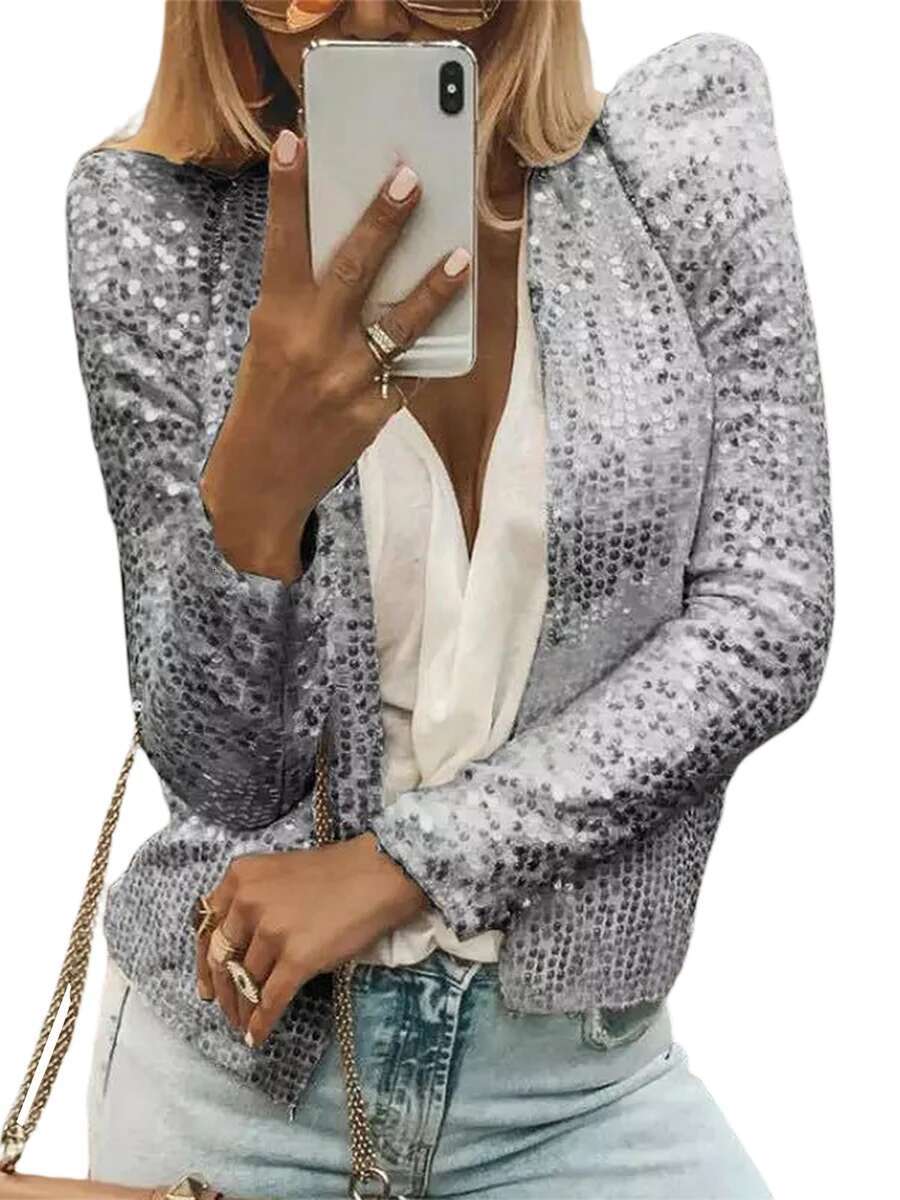 Women Sequin Jackets Long Sleeve Open Front Cardigan Coat Fall Tops Outerwear For Club Party