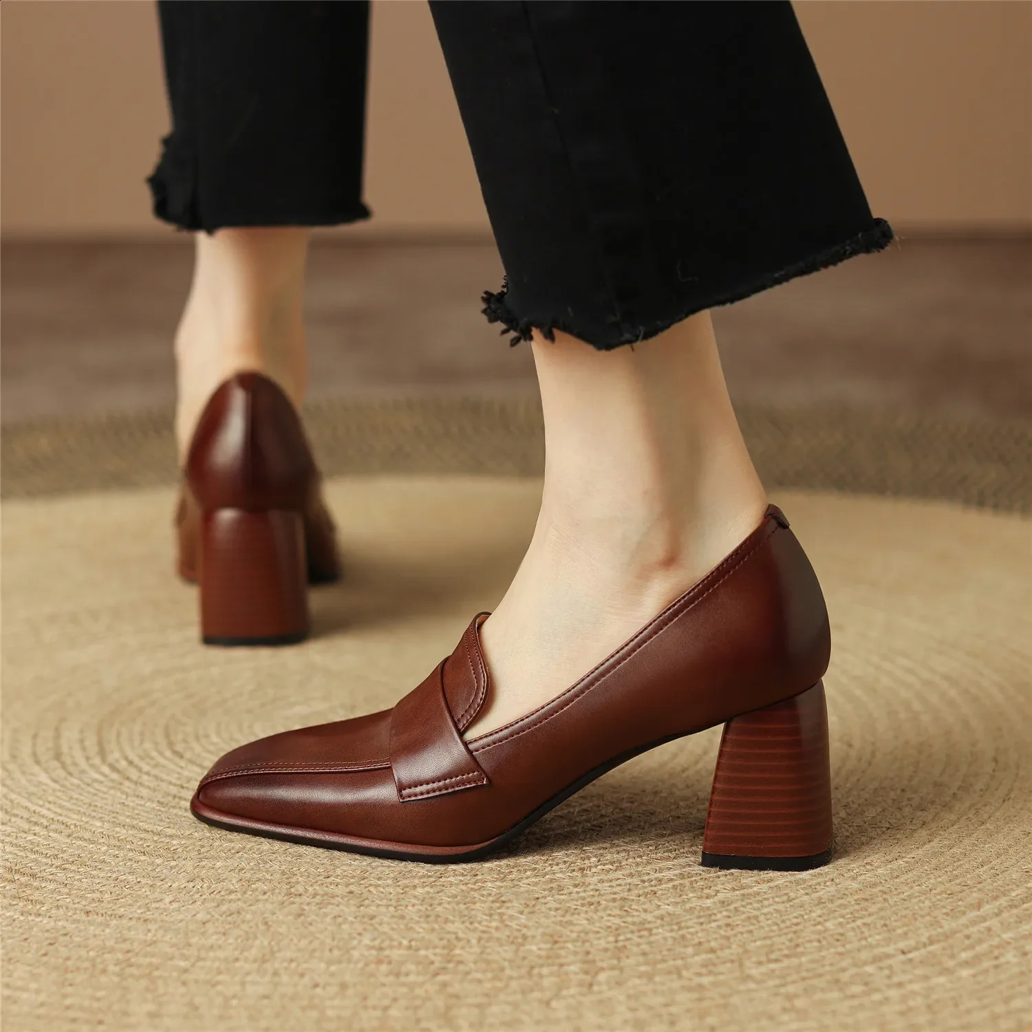 Sheepskin Women Shoes Spring Thick High Heels Pigskin Insole and Lining Ladies Office Dress Shoes Plus Size 41 42 250228