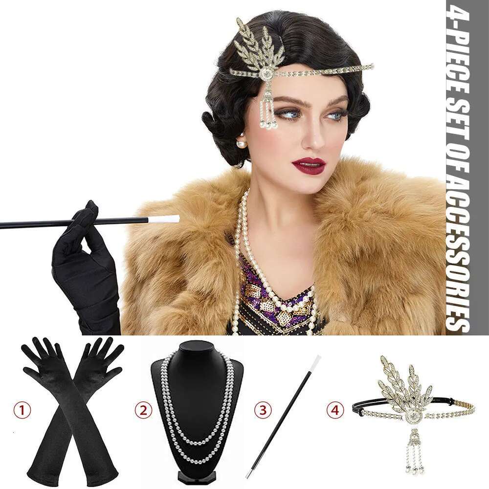 4Pcs 1920S Great Gatsby Set, Costume Roaring 20S Accessories For Women Flapper Headpiece