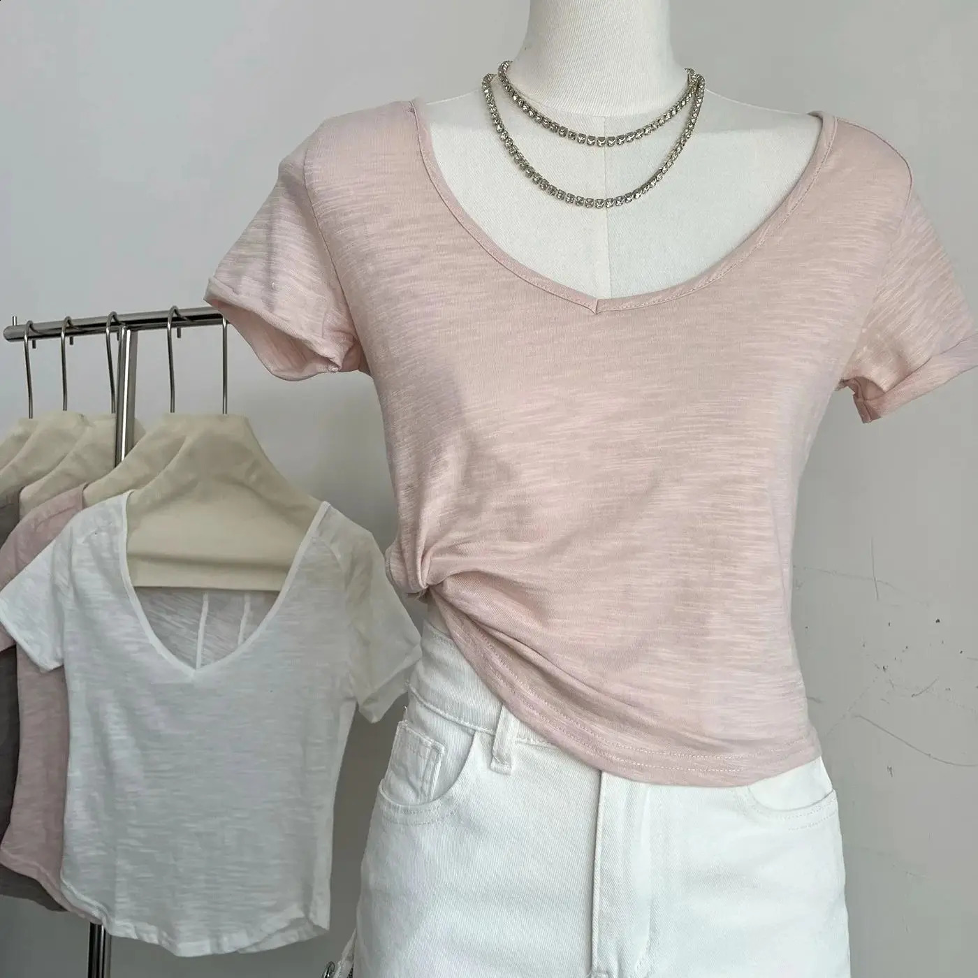 Women Summer basic Tops V neck Big collar Slim Pink solid tee Tops Short Sleeve Women Casual Tshirts 250225
