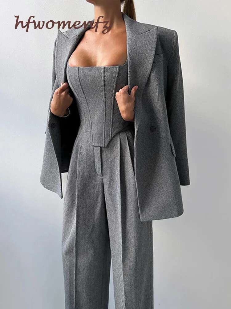 Designer Fashion Loose Pants Sets For Women 3 Pieces Elegant Long Sleeve Belt Blazer Tank Top With High Waist Wide Trousers Lady Suits