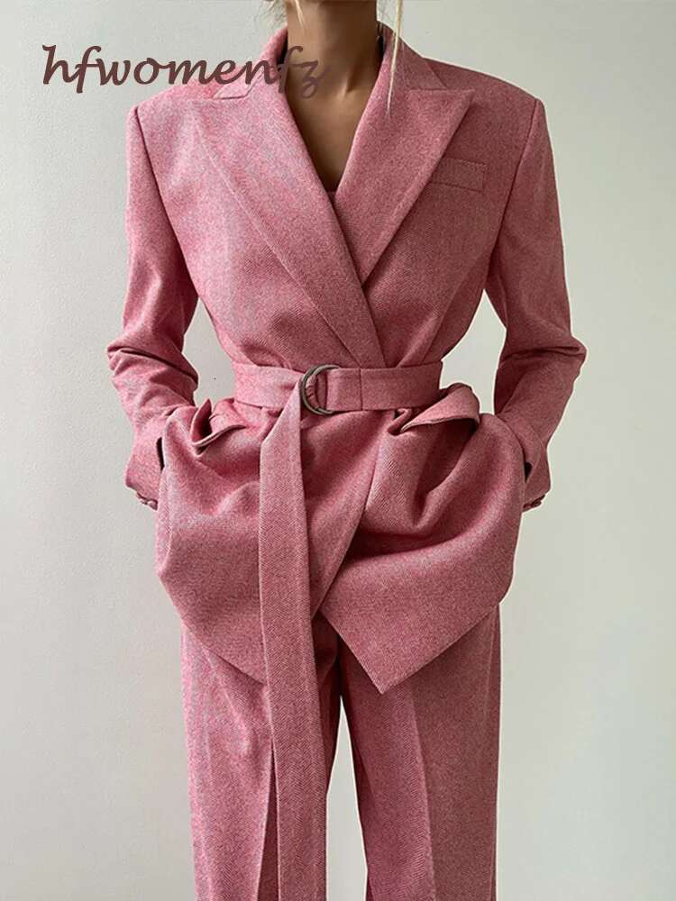 Designer Fashion Loose Pants Sets For Women 3 Pieces Elegant Long Sleeve Belt Blazer Tank Top With High Waist Wide Trousers Lady Suits