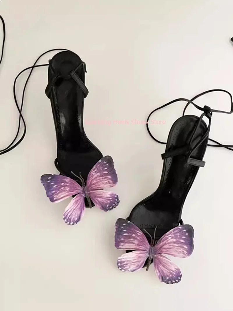 Woman Graceful Butterfly Flower Decoration Thin High Heel Sandal Shoes Female Buckle Ankle Strap Summer Wedding Sandal Shoes 250228