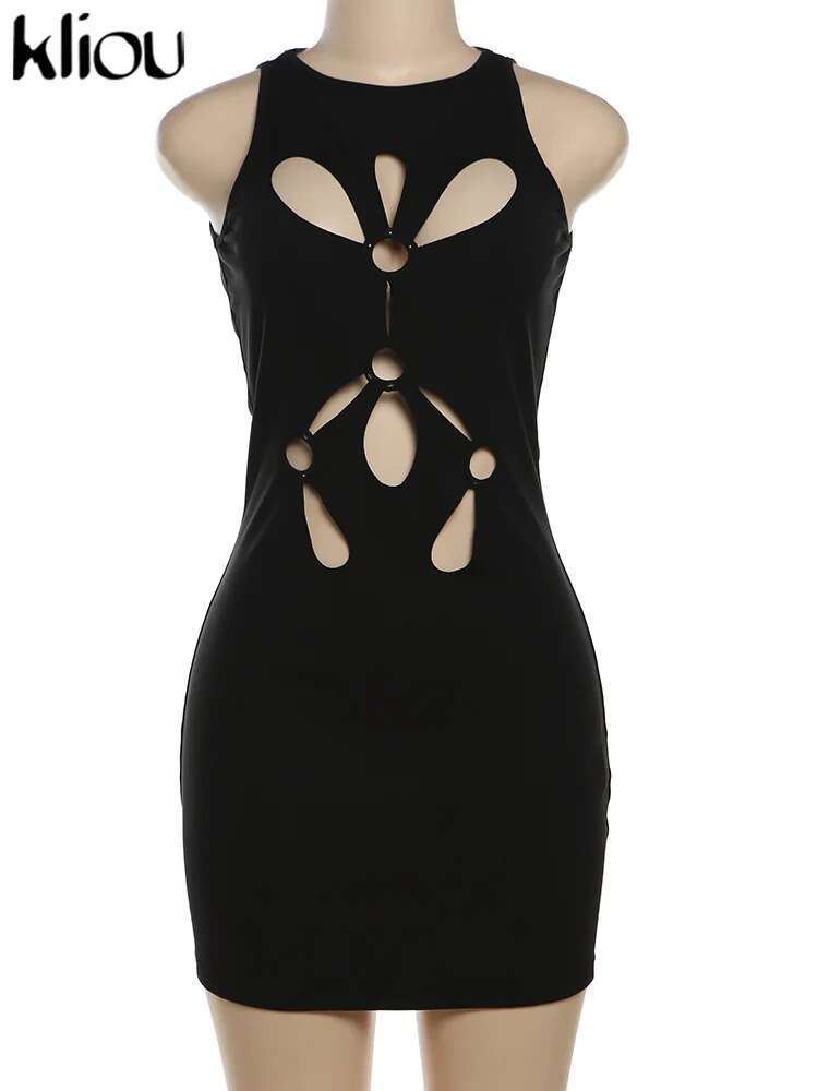 Kliou Solid Concise Mini Dress Women Classic Chic Hollow Out Sleeveless O-Neck Skinny Vestidos Female Trend New Street Bodycons