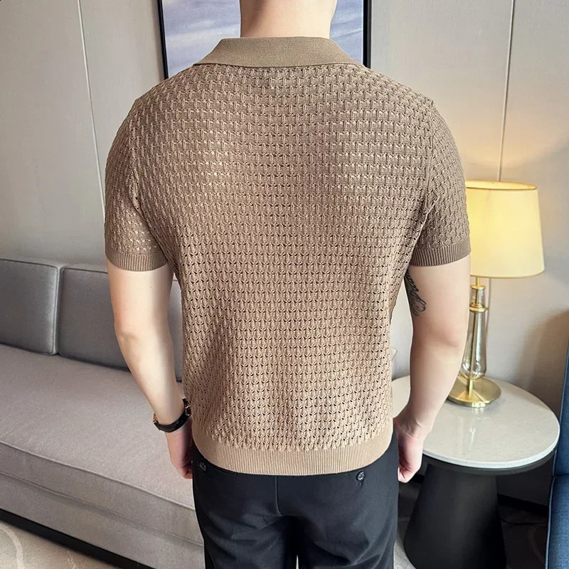 Mens Polo Shirt Summer Light and Thin Knitted Hollow Solid Color Casual Short Sleeved V-neck T-shirt Mens Clothing 250228
