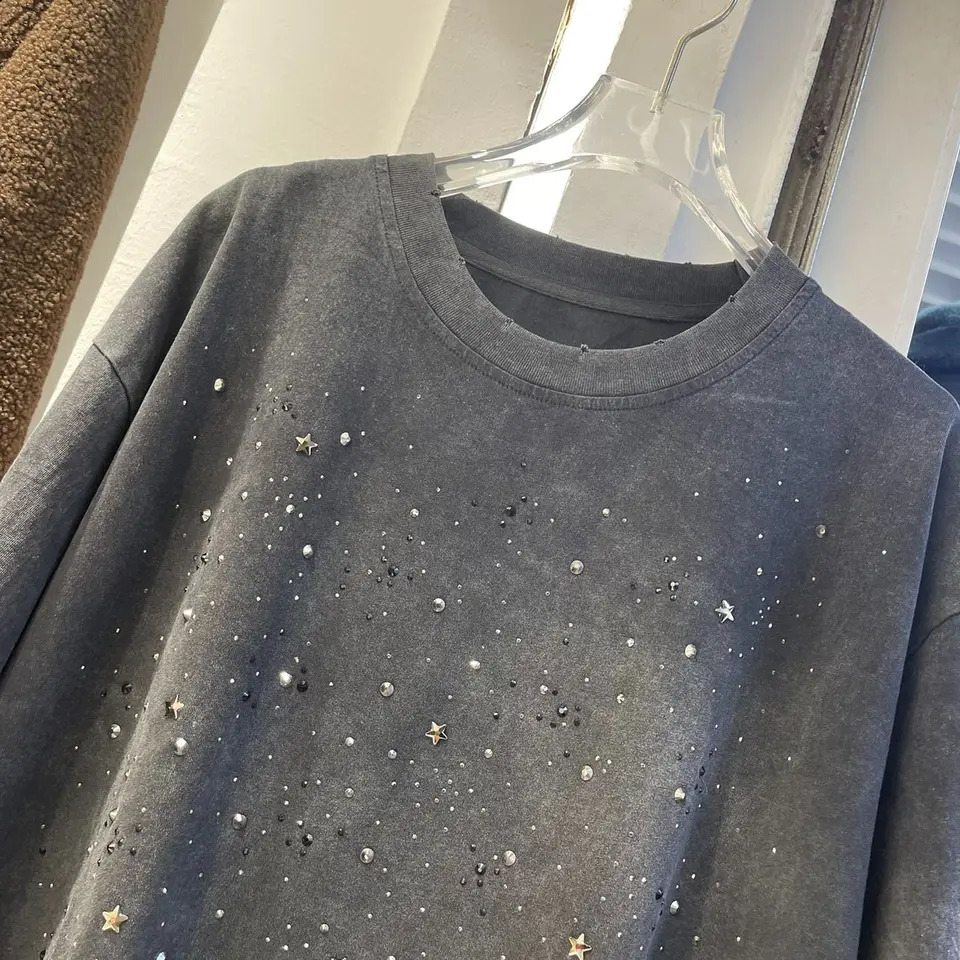 Oversized loose retro washed medium to long fashion heavy industry all diamond short sleeved mens and womens T-shirts 250225