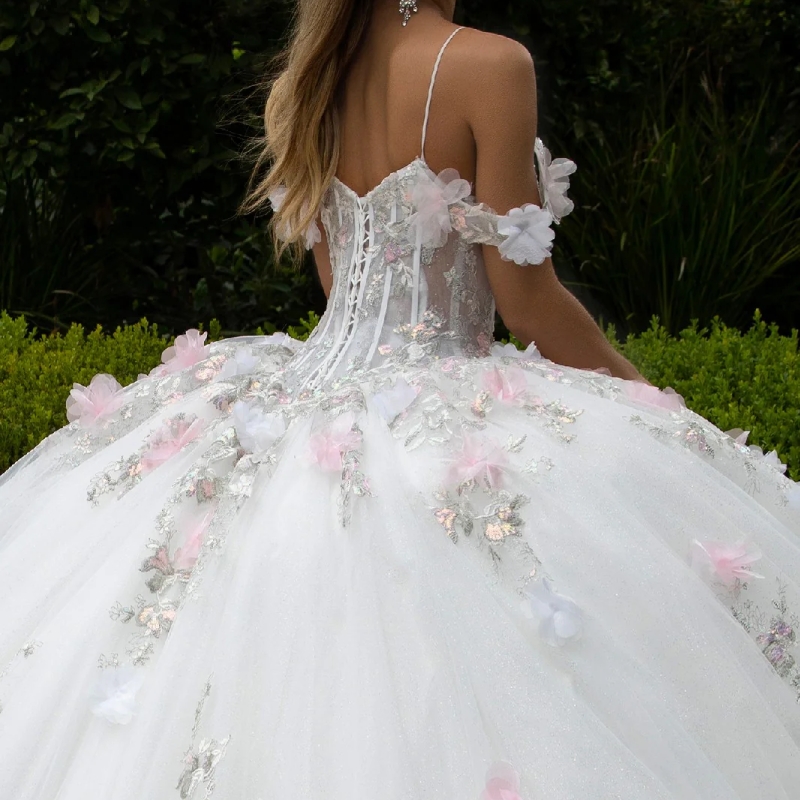 White Quinceanera Dresses Ball Gown Off Shoulder Applique Lace Bow Beads Tull Corset Sweet 16 Dress Vestidos 15 De Anos