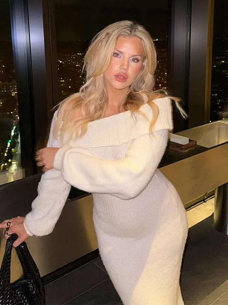 Designer Sexy Slash Neck Off Shoulder Party Midi Dress Women Kint Split Long Sleeve Ribbed Lady Knitwear Hip Package Black White Robe