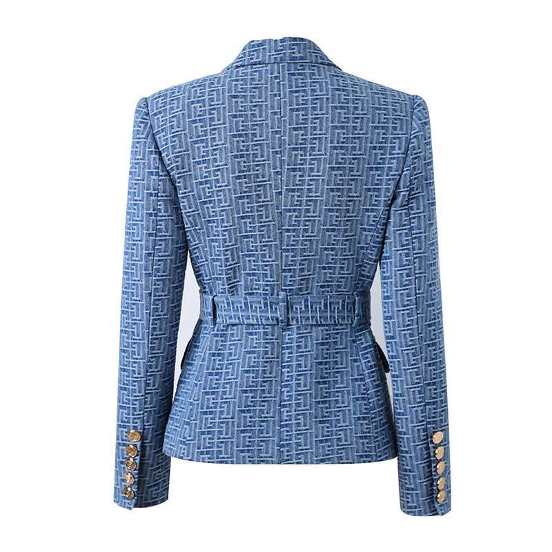Custom Washed Fabric Wholesale Geometric Pattern Denim Jackets For Ladies Women Fashion Blazer With Belt