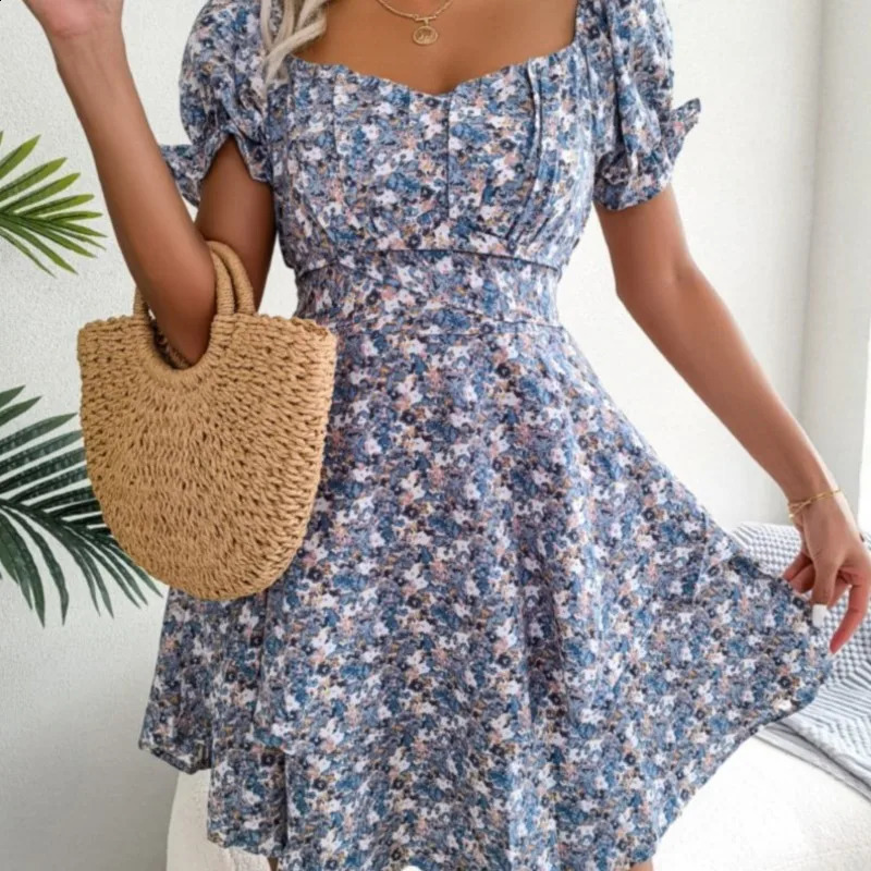 Dress For Women Summer Temperament Sexy Square Neckline Floral Pattern Waist Cinching Big Swing Short Skirt 250227Z