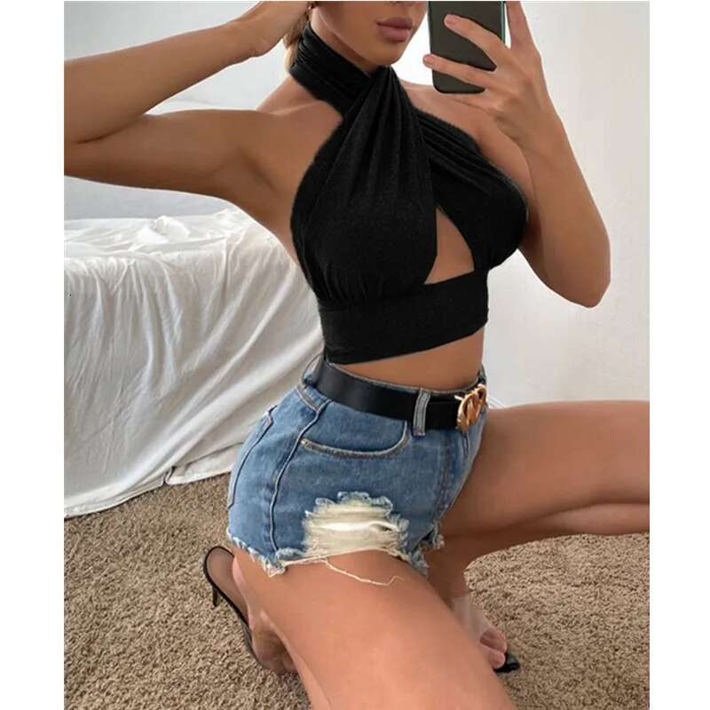 Summer Tank Women Solid Cross Halter Camis Backless Crop Tops Female Camisole Cropped Top Slim Sleeveless Streetwear
