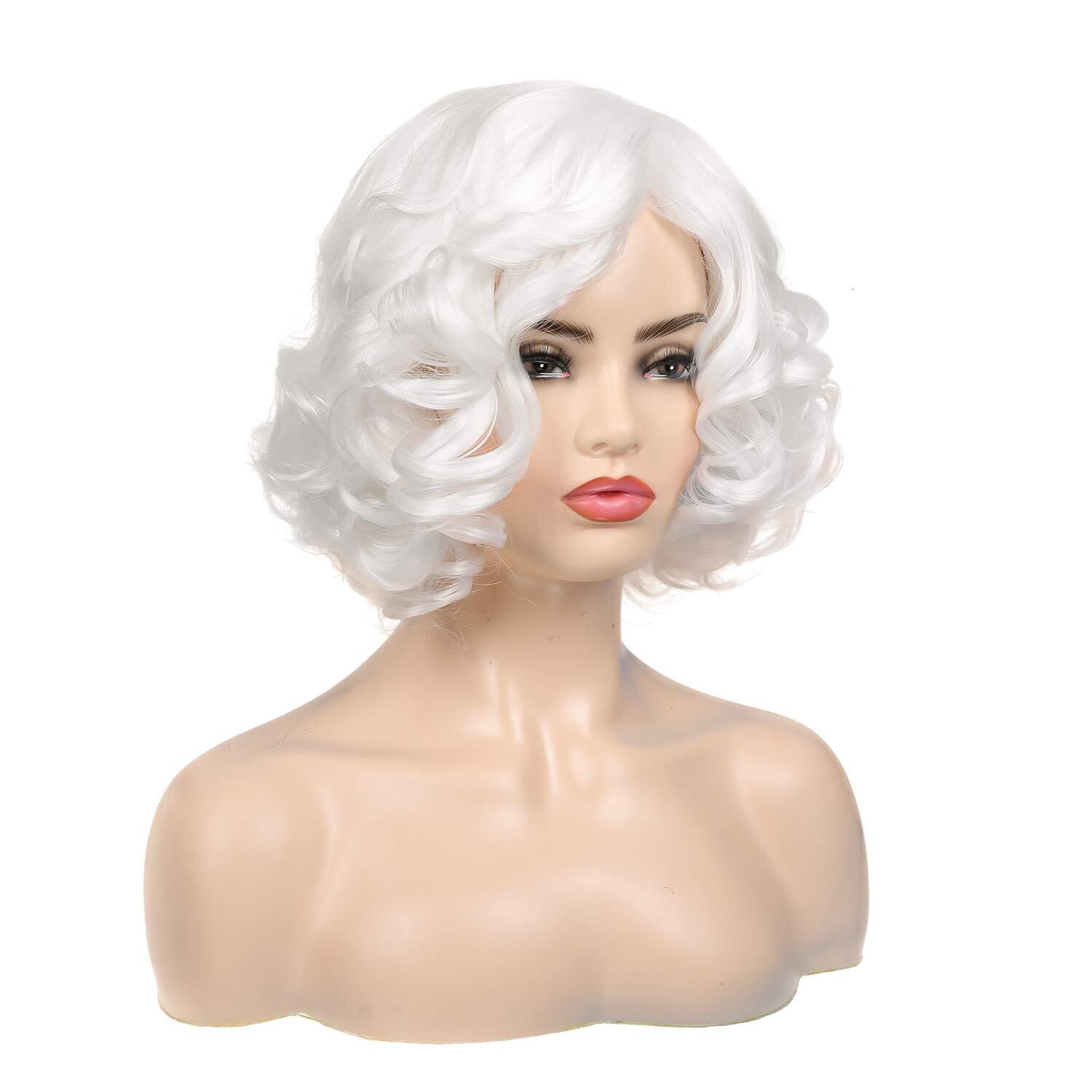 Baruisi Women's Short Curly White Synthetic Natural Wave Clothing Wig Role Playing Party