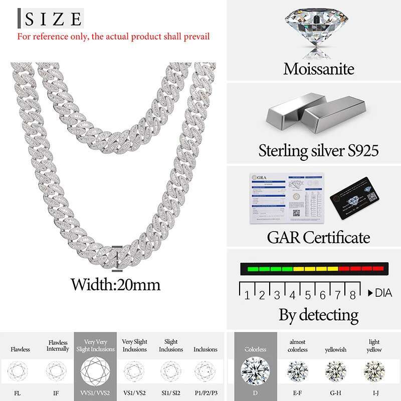 TUHE Unisex High Quality VVS1 Moissanite Baguettes Cuban Chain Necklace Sier For Men Hip Hop Jewelry