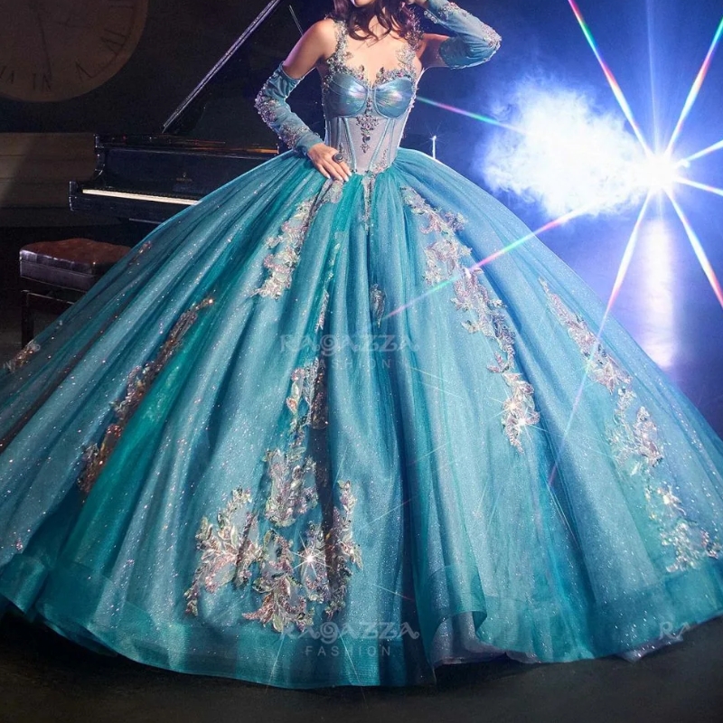 Water Blue Shiny Quinceanera Dresses Ball Gown Off Shoulder Applique Lace Beads Tull Corset Sweet 16 Dress Vestidos 15 De Anos