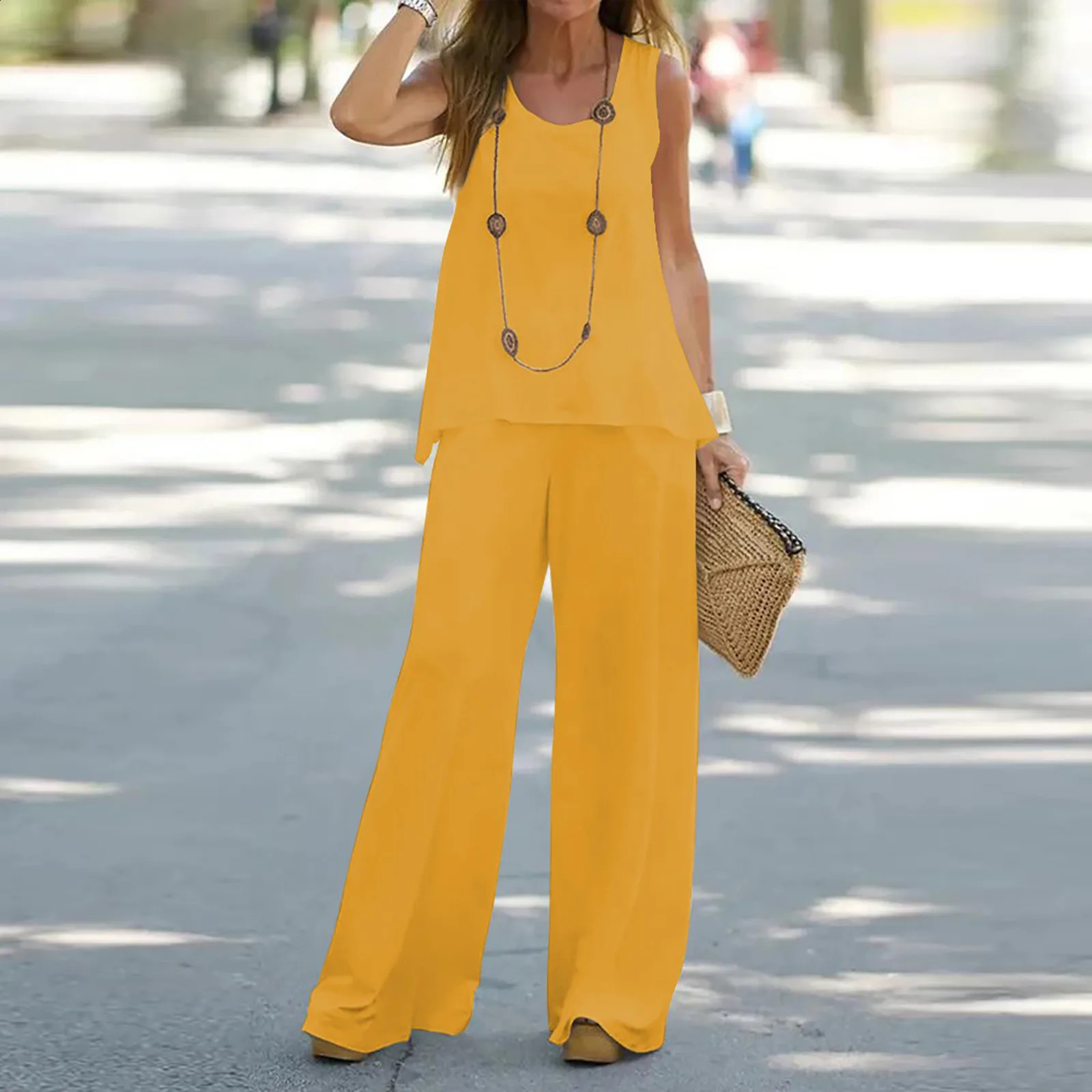 Cotton linen two-piece womens summer casual vest O-neck top and straight pants set womens 2PCS set streetwear 250225