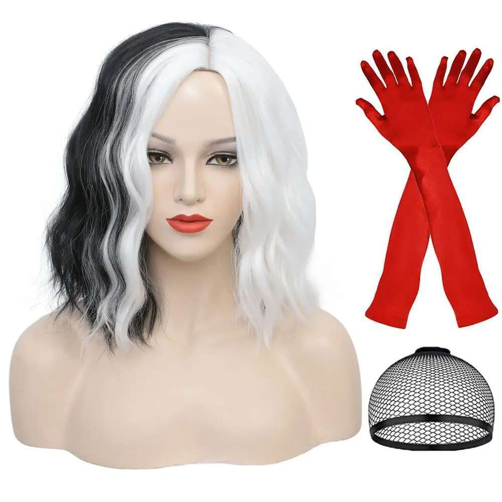 Cruella De Vil Synthetic 14"Short Curly Bob Wavy Wig Body Wave Halloween Cosplay Daily Women Girls Party Wigs (Black And White)
