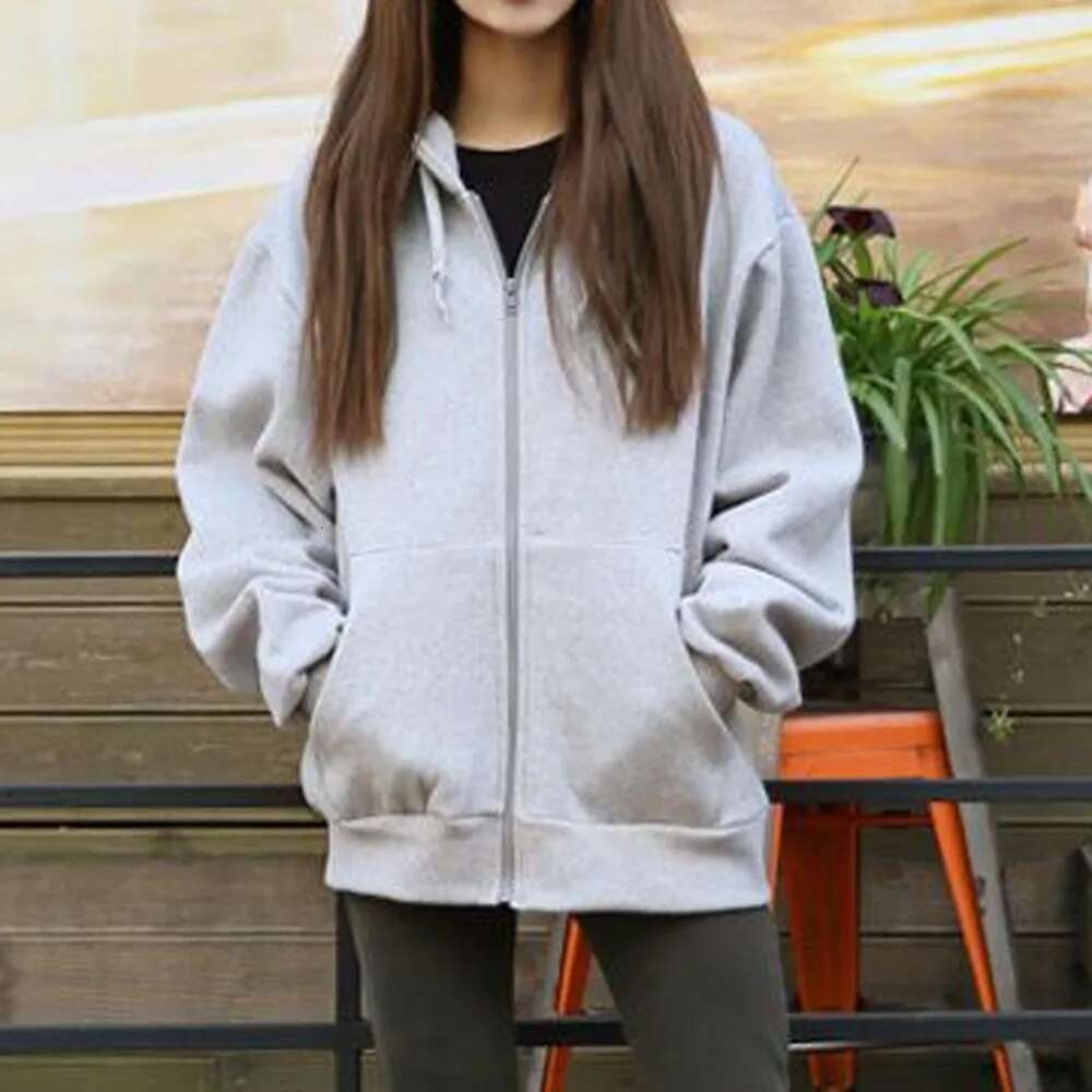 Autumn And Winter Women Hooded Fleece Long Sleeve Loose Casual Zip Pockets Solid Jacket Coat