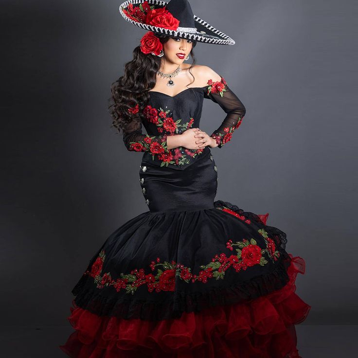 2025 Classic Black Mermaid Prom Dresses With Red Flowers Embroidery Off Shoulder Long Sleeves Evening Gowns Pleats Tiered Mexican Special Occasion Dre