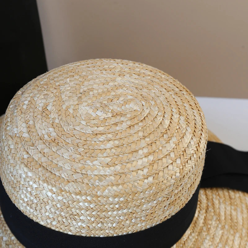 Summer Womens Wheat Straw Hat Female Wide Brim Sunshade Panama Lady Classic Flat Webbing Sun Hats Seaside Vacation Beach Hat 250227