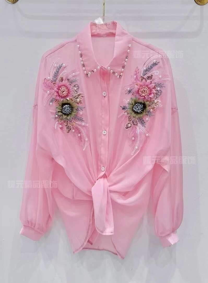 3D Wer Sun Protection Shirt Cardigan Women Heavy Industry Beads Dia-Embedded Blouse Sweet Loose Top