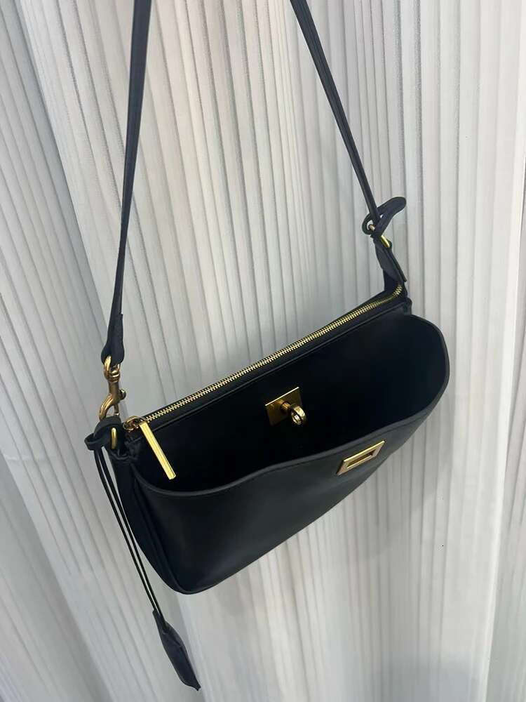 2025 Spring New Brand Rodeo Shoulder Genuine Leather Black Handbags Women Fashion Gold Buckle Underarm Bags
